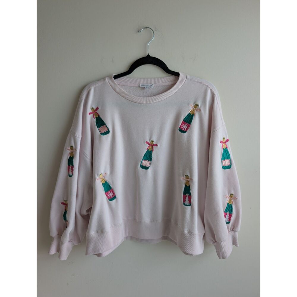 Mary Square Women's L Pale Pink Embroidered Champagne Bottle Holiday Sweatshirt